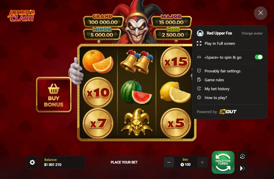 Joker's Clash settings menu with provably fair options in the InOut demo