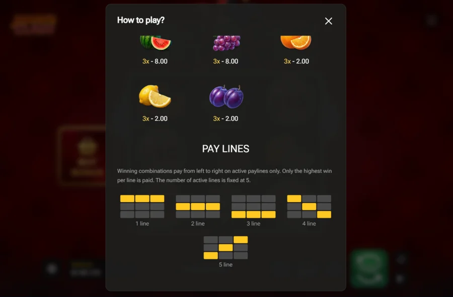 Joker's Clash slot fruit symbols and five fixed paylines from the info screen