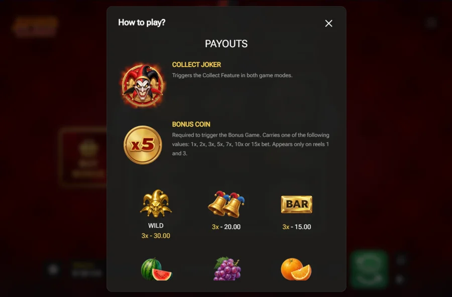 Jokers Clash paytable with Collect Joker Bonus Coin values and Wild payouts