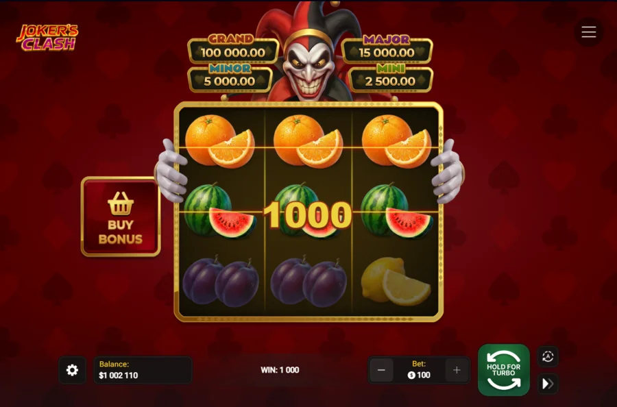 Joker's Clash slot win of 1000 on two paylines in the free demo game