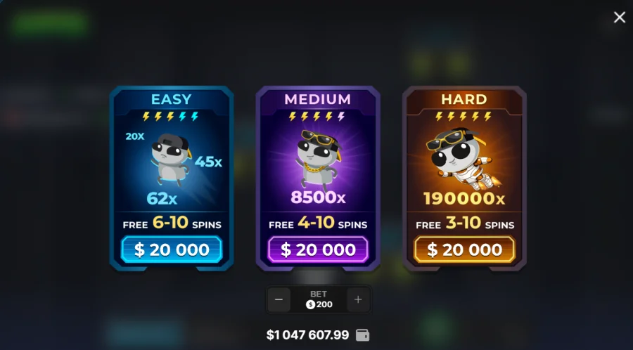 Jumper bonus buy menu with Easy Medium and Hard tiers