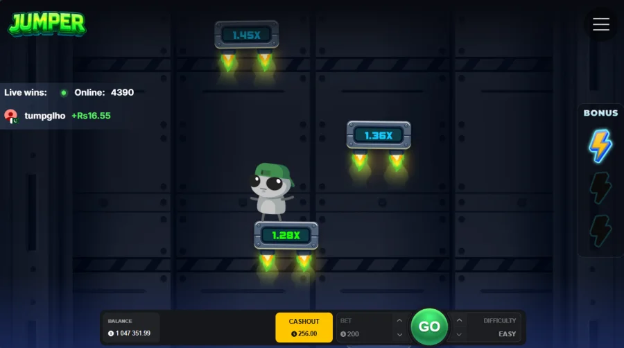 Jumper character climbing platforms with a 256 cashout