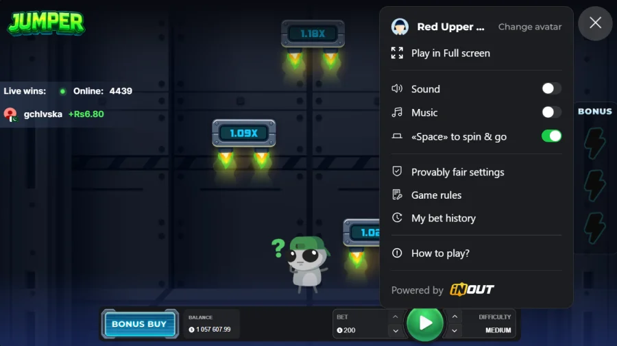 Jumper settings menu with provably fair game rules and bet history