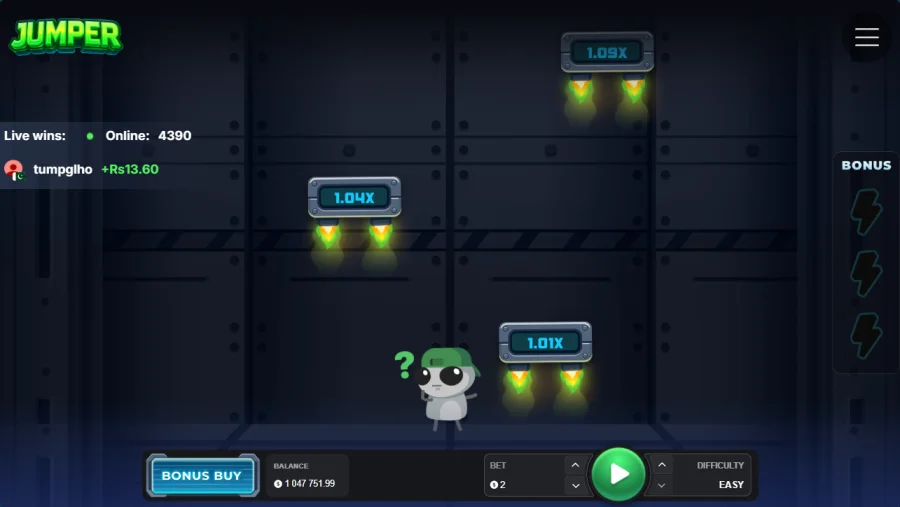 Jumper crash game with rocket platforms and rising multipliers