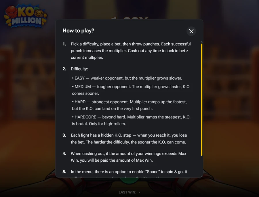 KO Million rules and four difficulty levels