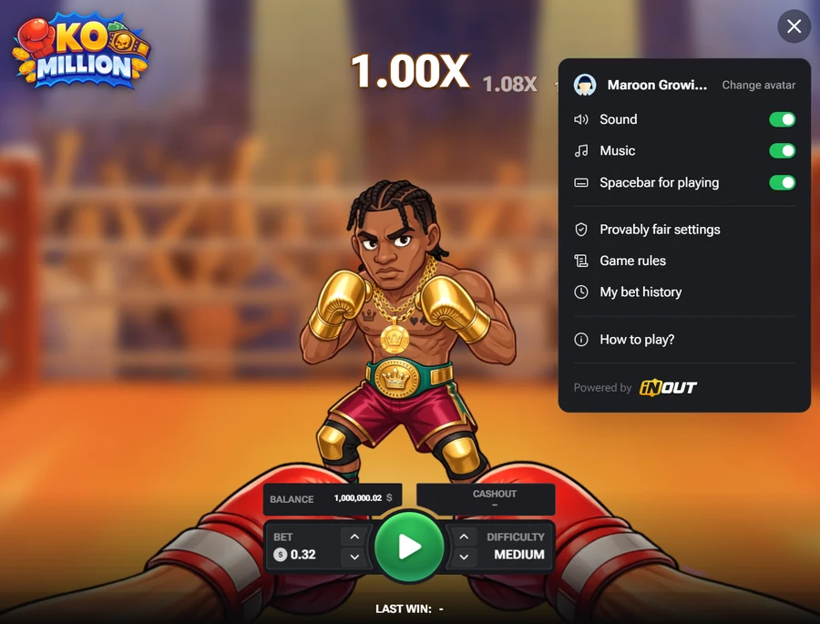 KO Million InOut Games settings menu provably fair