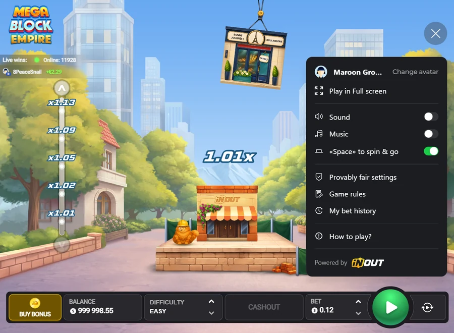 MegaBlock Empire settings menu provably fair InOut Games