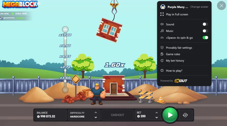 MegaBlock settings menu with provably fair and the Hardcore multiplier ladder