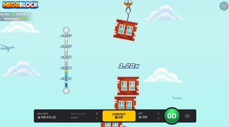 MegaBlock tower rising with cash-out value and climbing multiplier