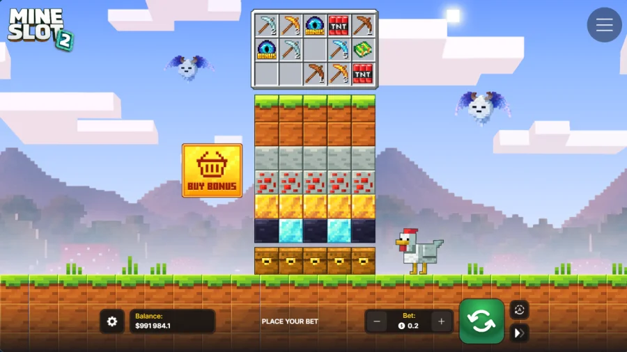 Mine Slot 2 game board with pickaxe reels and blocks