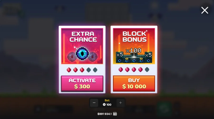 Mine Slot 2 buy bonus menu with Block Bonus option