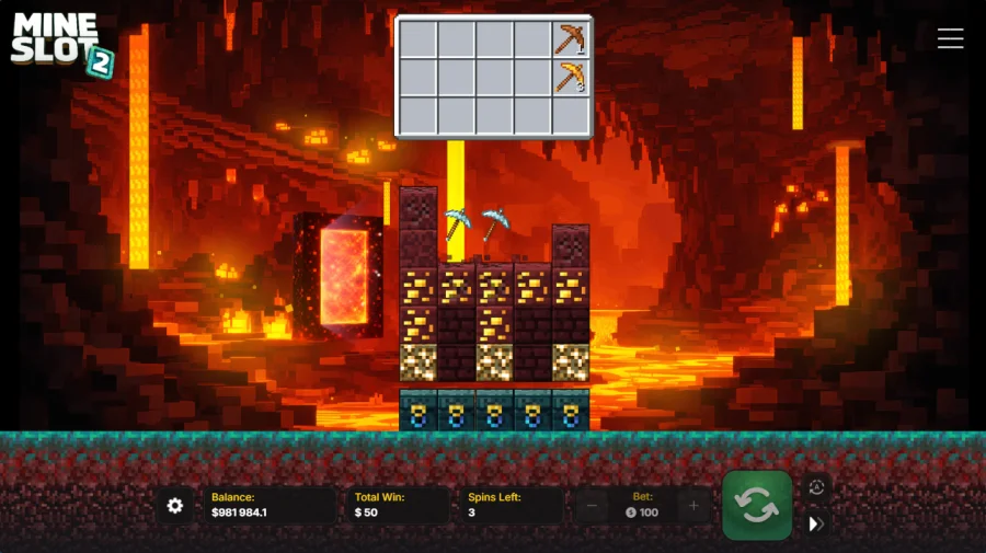 Mine Slot 2 Block Bonus free spins in the lava cave