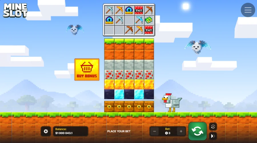 Mine Slot game board with pickaxe reels and blocks