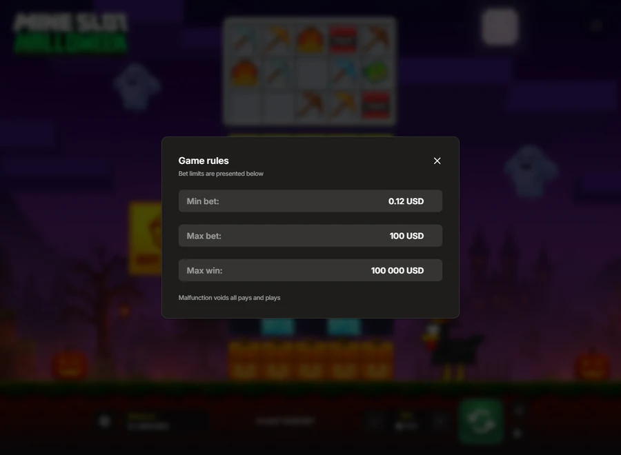 Mine Slot Halloween bet limits min max win panel