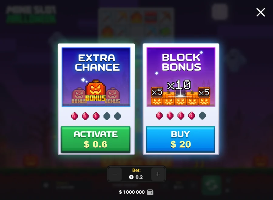 Mine Slot Halloween buy bonus menu with two cards