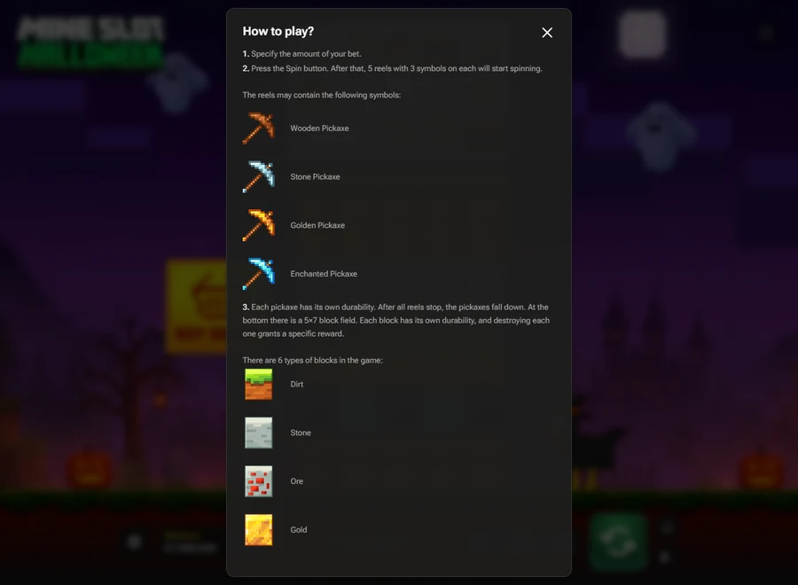Mine Slot Halloween rules pickaxes blocks chest multipliers