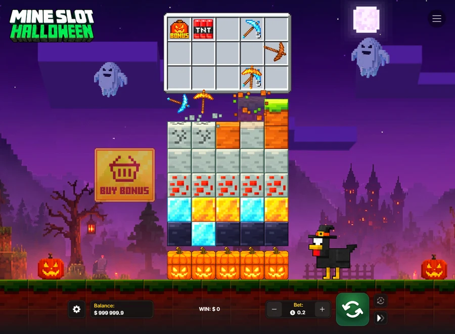 Mine Slot Halloween pickaxes dropping onto the block field