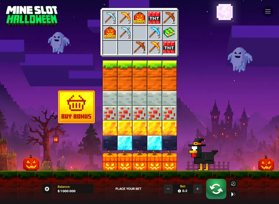 Mine Slot Halloween demo start screen pumpkin chests castle