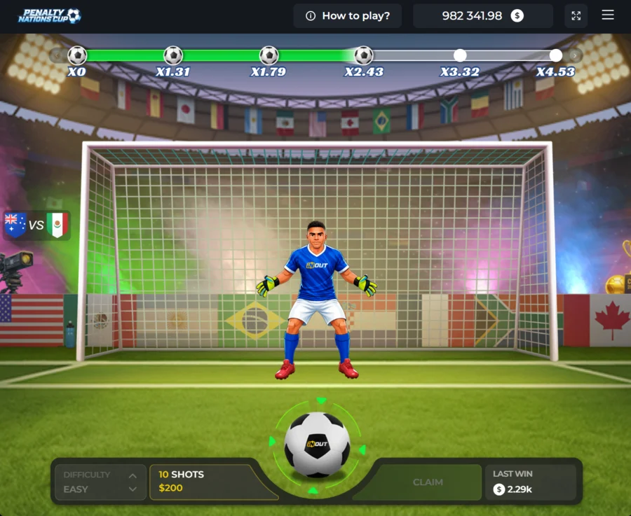 Penalty Nations Cup bonus round in progress with 10 shots left
