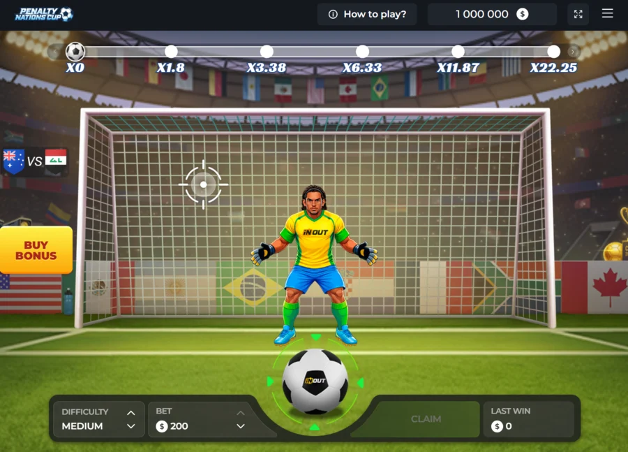 Penalty Nations Cup game screen with multiplier scale and difficulty