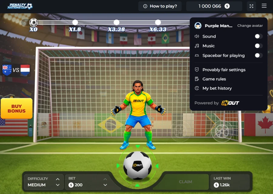 Penalty Nations Cup menu with provably fair settings by InOut