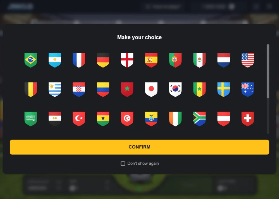 Penalty Nations Cup demo - national team selection screen