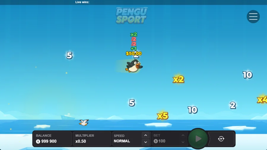 Pengu Sport penguin in flight among multiplier and bonus pickups