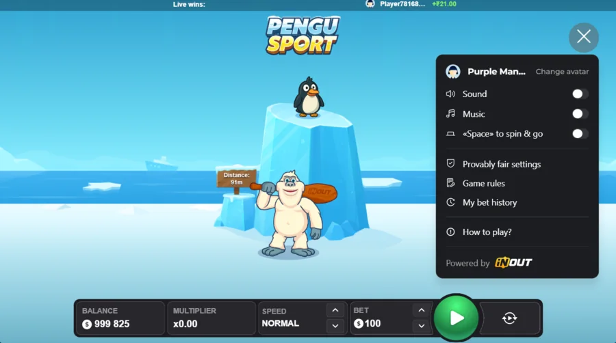 Pengu Sport settings menu with provably fair game rules and bet history