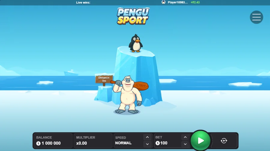 Pengu Sport gameplay start screen with the Yeti ready to launch the penguin