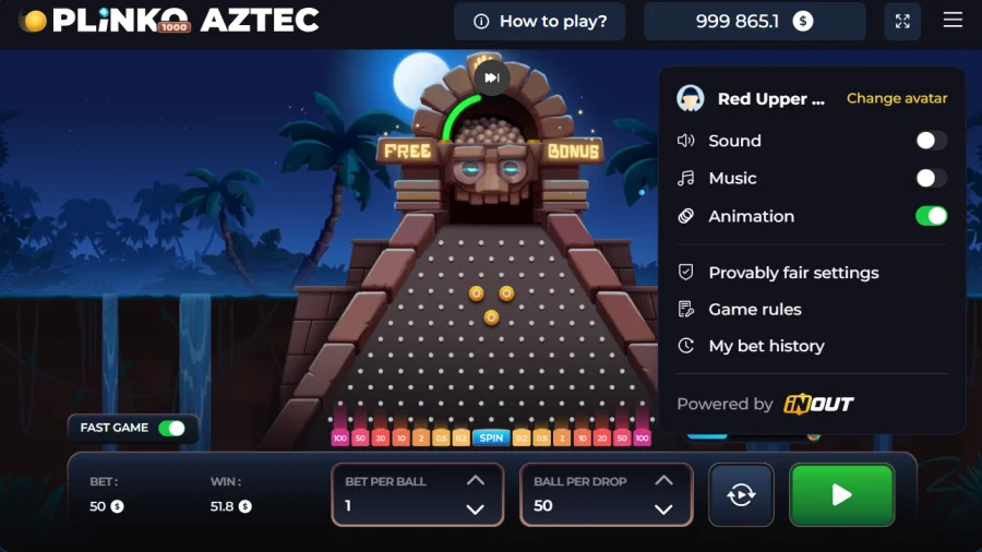 Plinko Aztec provably fair settings and game rules