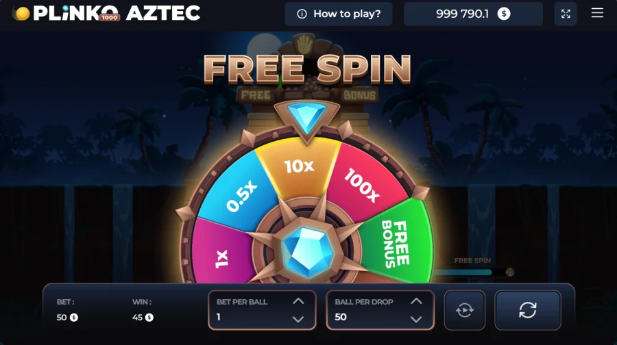 Plinko Aztec free spin wheel with 100x segment