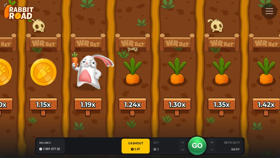 Rabbit Road rabbit hopping along collecting carrot coins at 3.57x