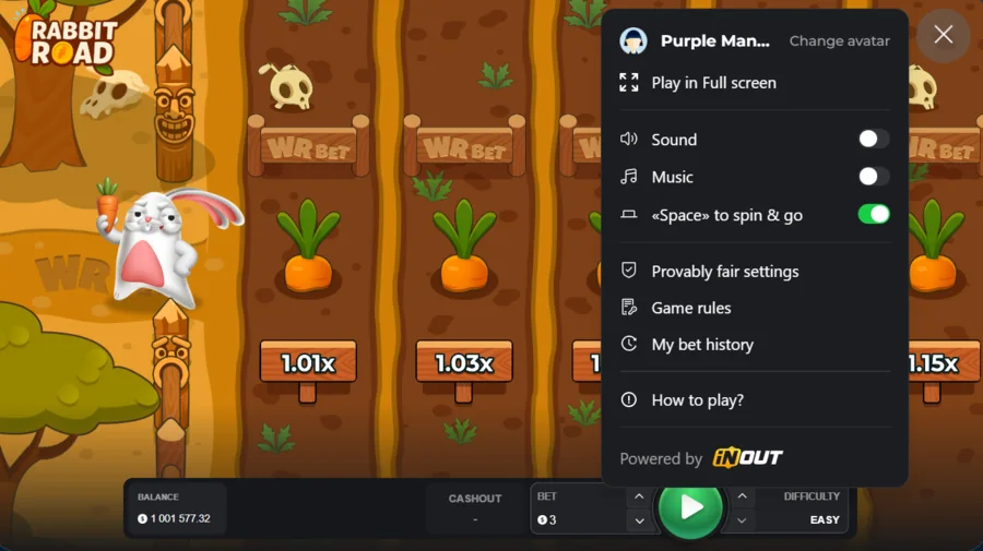 Rabbit Road settings menu with provably fair, game rules and bet history