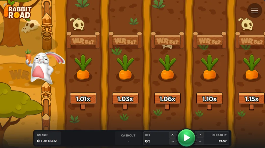 Rabbit Road start screen with the rabbit and multiplier lanes