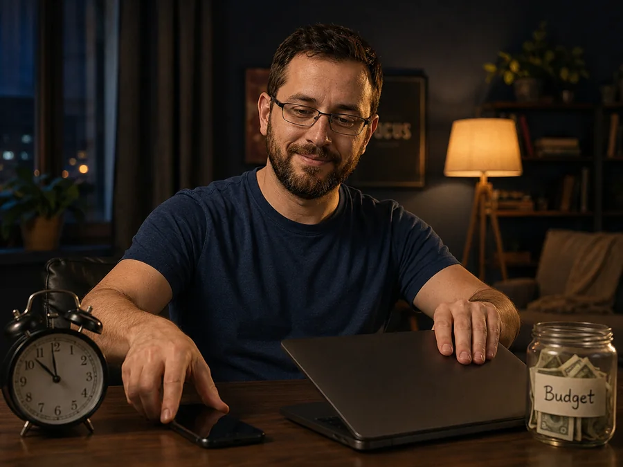 Player ends a gambling session responsibly, phone face down beside an alarm clock and a set-aside budget jar