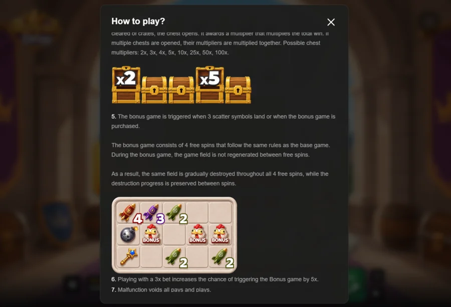 Royal Drop chest multipliers 2x to 100x and bonus game rules from the paytable
