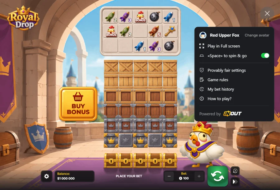 Royal Drop settings menu with provably fair options in the free InOut Games demo