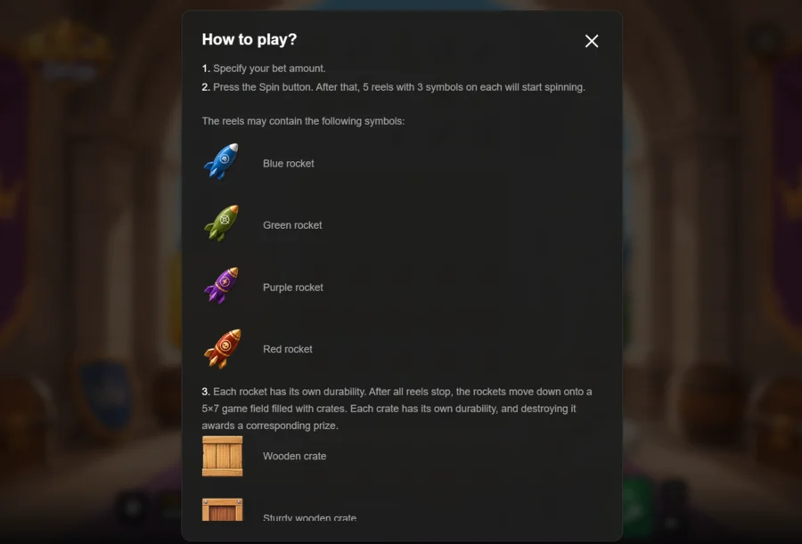 Royal Drop game rules with blue green purple and red rocket symbols and durability