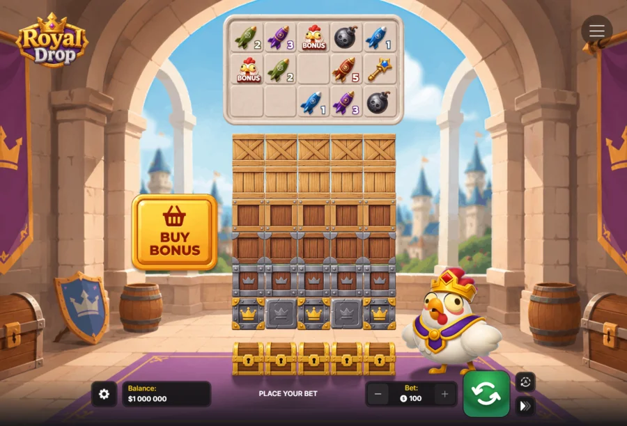 Royal Drop demo start screen with five reels above a 5x7 crate wall and locked chests