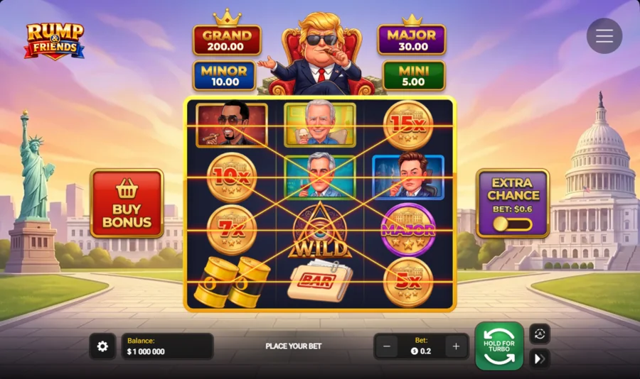 Rump and Friends base game 3x4 grid with character symbols, multiplier coins and the Buy Bonus button