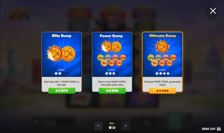 Rump and Friends buy bonus menu - Blitz, Power and Ultimate Rump cards with prices and volatility stars