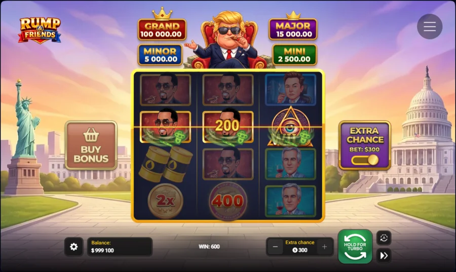 Rump Coin collect feature win in the Rump and Friends slot - coin values gathered for a 600 payout