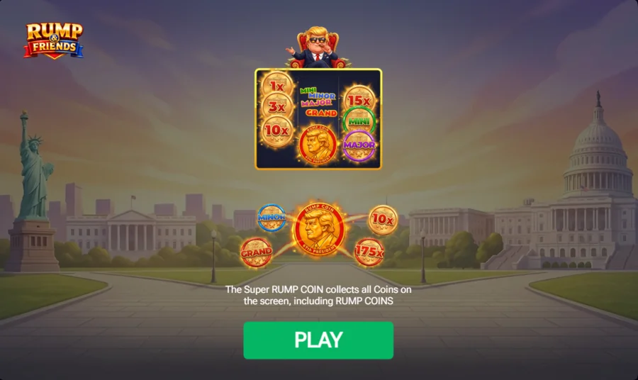 Rump and Friends slot intro screen with jackpot coins and the Super Rump Coin collect rule by InOut Games