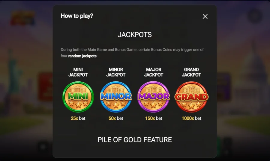 Rump and Friends jackpots explained - Mini 25x, Minor 50x, Major 150x and Grand 1000x bet on White House coins