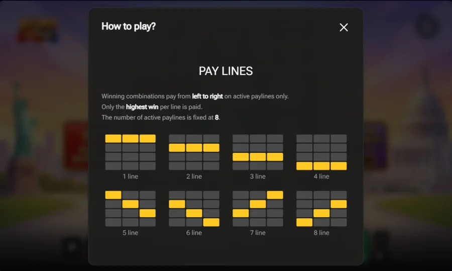 Rump and Friends paylines diagram - eight fixed lines across the 3x4 slot grid