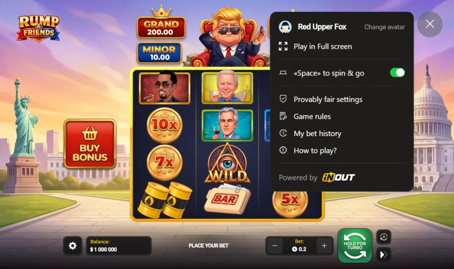 Rump and Friends game menu with provably fair settings, game rules, bet history and how to play