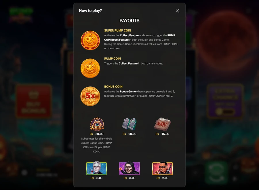 Rump And Halloween paytable coins wild and characters