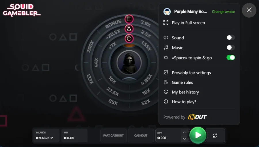 Squid Gamebler settings menu with provably fair game rules and history