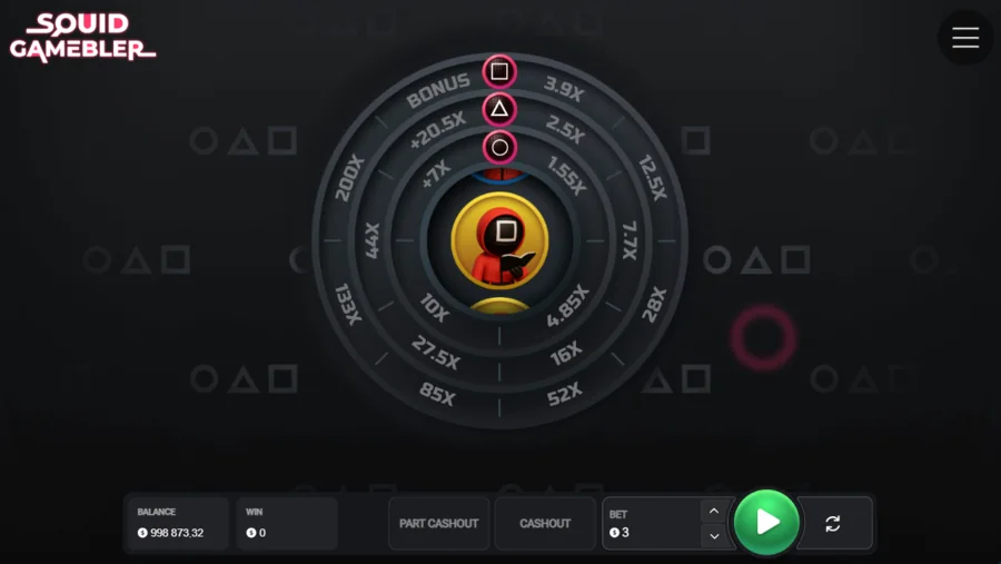 Squid Gamebler start screen with three empty multiplier tracks