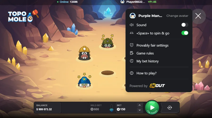 Topo Mole settings menu with provably fair game rules and bet history